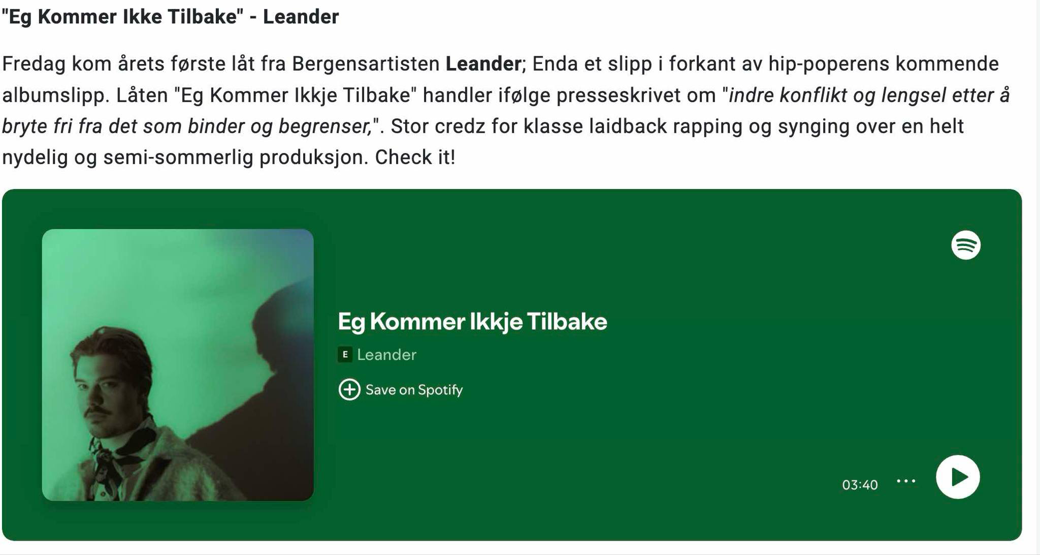 Leander - Eg kommer ikkje tilbake